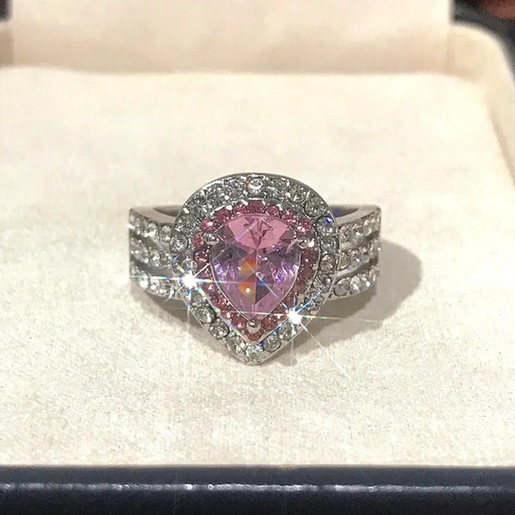 🌸Water Drop Three Layers Pink Stone Ring For Girls/Women, F070 - Picture 3 of 5